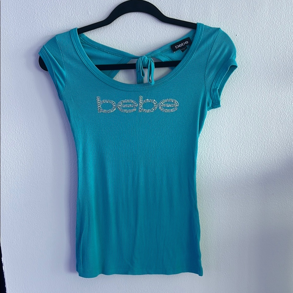 Bebe Blue Fitted Tie Front T-Shirt